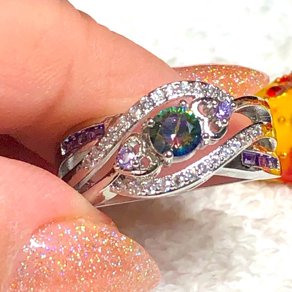 💜💍mystic topaz 925 silver ring -cubic zirconia and purple stone-Feb birthday